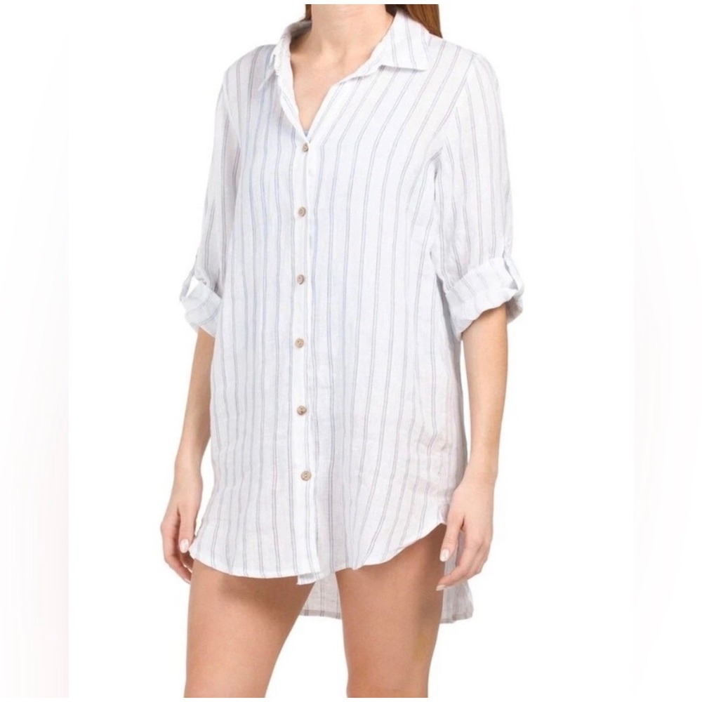 Rosemarine Button Down Shirt Tunic M White Blue Striped Linen Roll Tab Sleeve